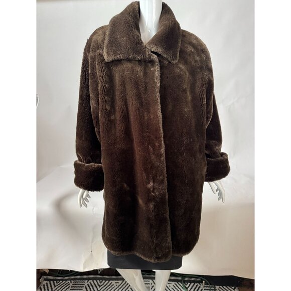 Vintage Faux Fur Brown Coat With Polyester Lining Folded Cuffs & Collar Size Lar - Picture 9 of 16
